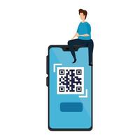 hombre y dispositivo smartphone con código de escaneo qr vector