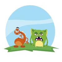 funny monsters couple in the field characters colorful vector