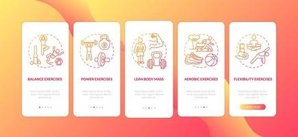 Exercises red onboarding mobile app page screen with concepts vector