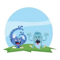 funny monsters couple in the field characters colorful vector