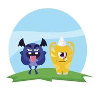 funny monsters couple in the field characters colorful vector