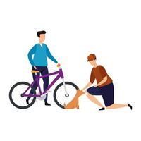 men with bike and dog isolated icon vector