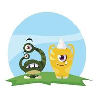 funny monsters couple in the field characters colorful vector