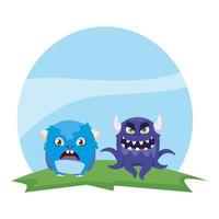 funny monsters couple in the field characters colorful vector