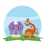 funny monsters couple in the field characters colorful vector