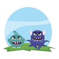 funny monsters couple in the field characters colorful vector