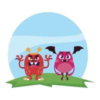 funny monsters couple in the field characters colorful vector