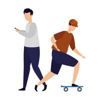 hombre en patineta y hombre con smartphone vector