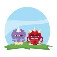 pareja de monstruos divertidos en el campo personajes coloridos vector