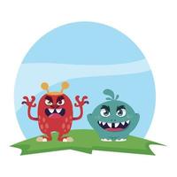 funny monsters couple in the field characters colorful vector