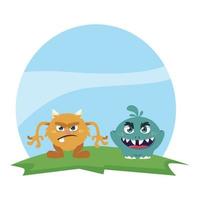 funny monsters couple in the field characters colorful vector