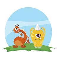 funny monsters couple in the field characters colorful vector