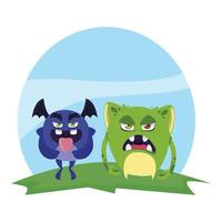 funny monsters couple in the field characters colorful vector