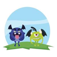 funny monsters couple in the field characters colorful vector