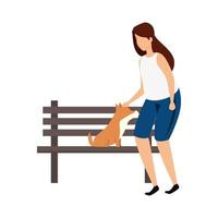mujer con silla de madera de parque y perro vector