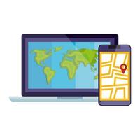 smartphone with map location app and laptop vector