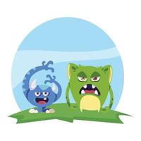 funny monsters couple in the field characters colorful vector