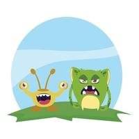 funny monsters couple in the field characters colorful vector