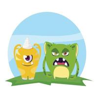 funny monsters couple in the field characters colorful vector