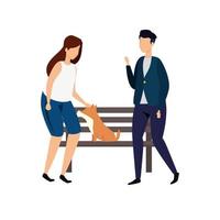 couple with wooden chair of park and dog vector
