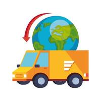 delivery service van with world planet isolated icon vector