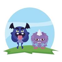 funny monsters couple in the field characters colorful vector