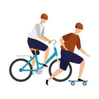 Hombres con personaje de avatar de bicicleta y patineta vector