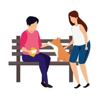 pareja, con, silla de madera, de, parque, y, perro vector