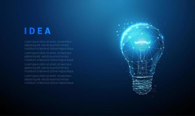 Low poly abstract blue glowing light bulb.