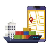 smartphone with map location app and cargo ship vector