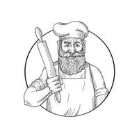 Hipster Baker with Full Beard Holding a Rolling Pin vector