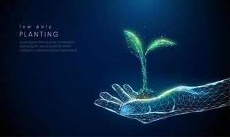Abstract giving hand with young plant in earth.