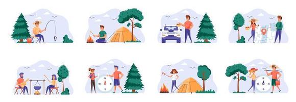 Paquete de escenas de campamento con personajes de personas. vector