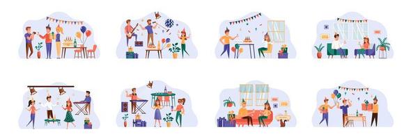 Party bundle of scenes with flat people characters. vector