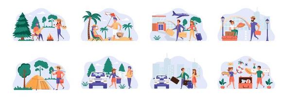 Travel vacation bundle of scenes with people characters. vector