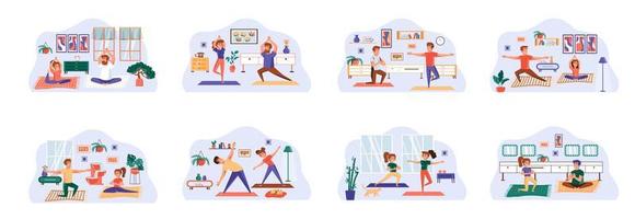 Yoga bundle of scenes with flat people characters. vector