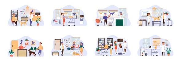 Veterinary clinic bundle of scenes with flat people characters. vector