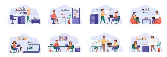 Office management scenes bundle with people characters. vector