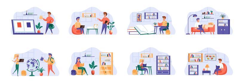 Education scenes bundle with people characters.