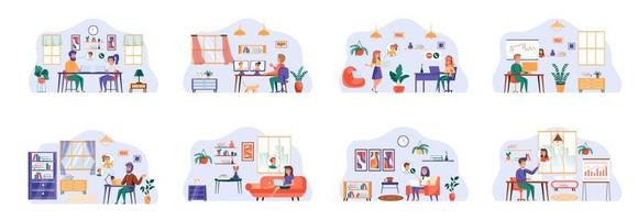 Video conference bundle of scenes with flat people characters. vector