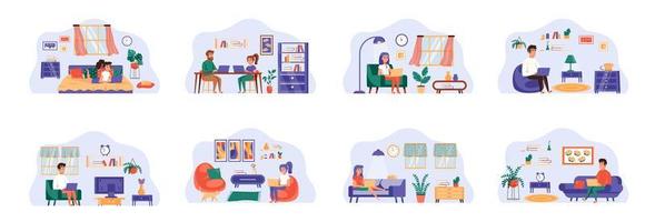 Freelance bundle of scenes with flat people characters. vector