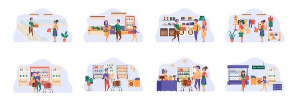 Shopping bundle of scenes with flat people characters. vector