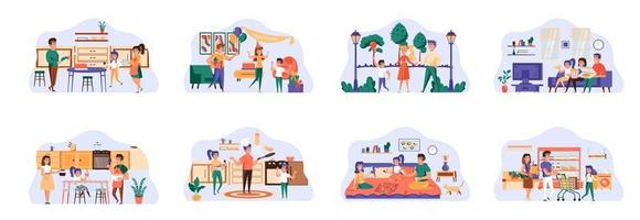 Family bundle of scenes with flat people characters. vector