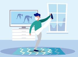 Hombre haciendo yoga con máscara en casa diseño vectorial vector