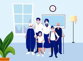 Family with masks at home vector design