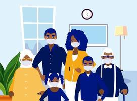 Family with masks at home vector design