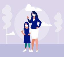 Mother and daughter with masks at park vector design