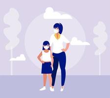 Mother and daughter with masks at park vector design