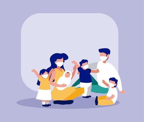 Family with masks in front of frame vector design