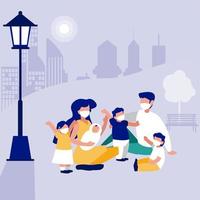 Family with masks at park in front of city vector design